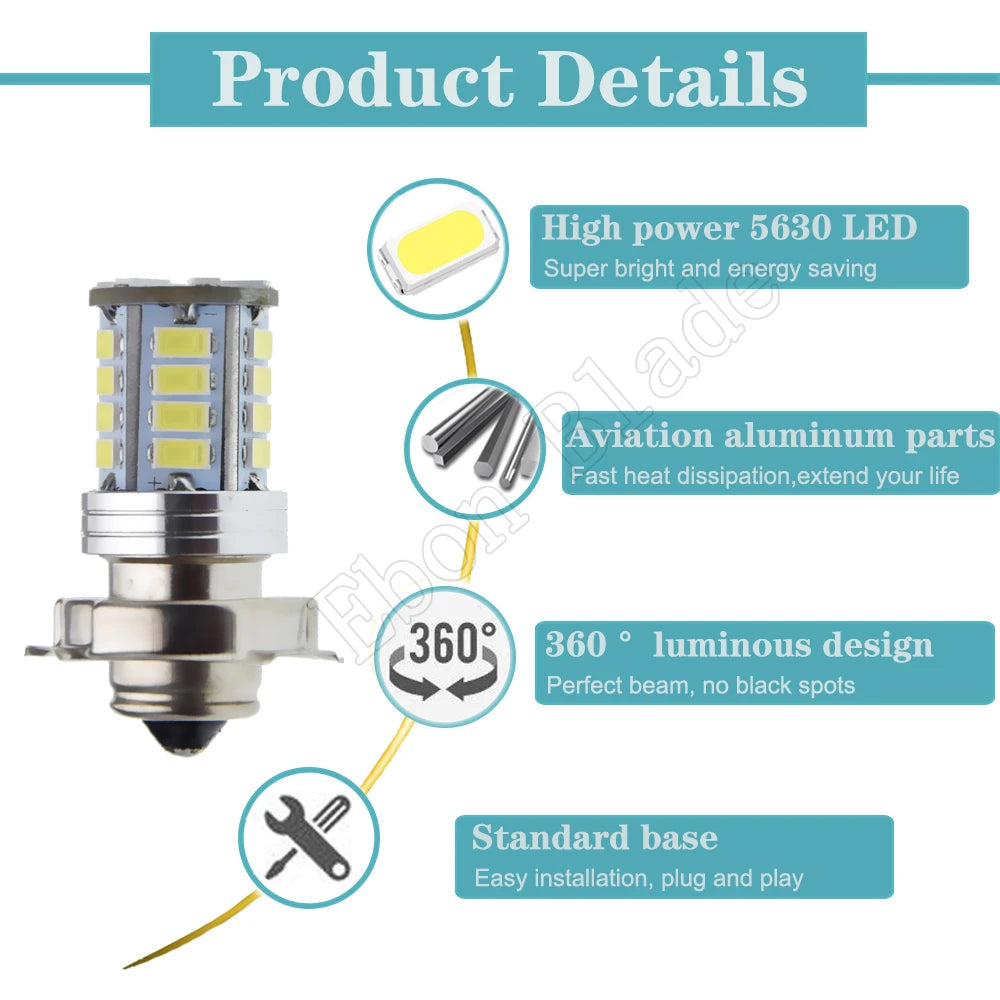 1Pcs P26S Motorcycle LED Headlight 26SMD Scooter Moped Bulb 6V 12V 24V 30V White Light 3.5W ATV Motor Motorbike Head Lamp 6000K