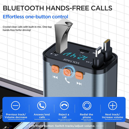 Retractable Car Charger,5 in 1 PD Car Phone Charger with Bluetooth 5.3 FM Transmitter,Handsfree Call and MP3 Player,2 Retractable Cables and USB Charging Adapter for Cars Phone,Galaxy,Pixel(Black)