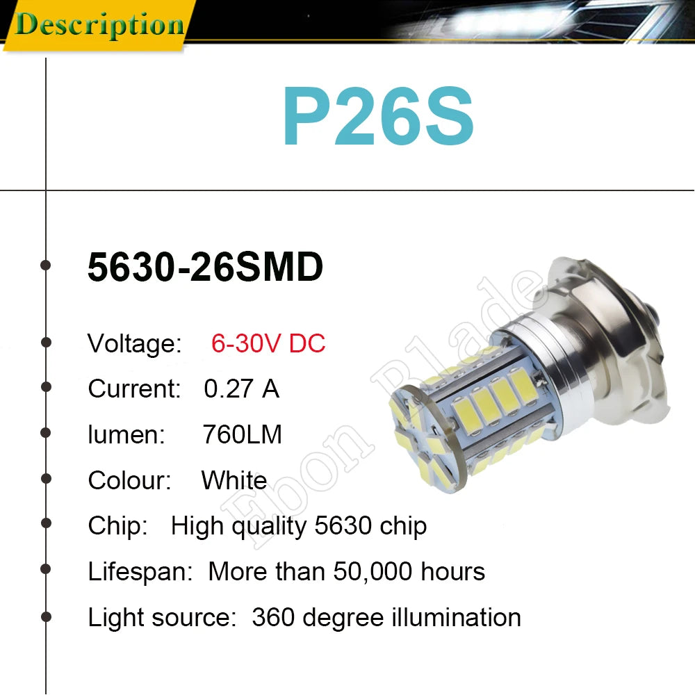 1Pcs P26S Motorcycle LED Headlight 26SMD Scooter Moped Bulb 6V 12V 24V 30V White Light 3.5W ATV Motor Motorbike Head Lamp 6000K