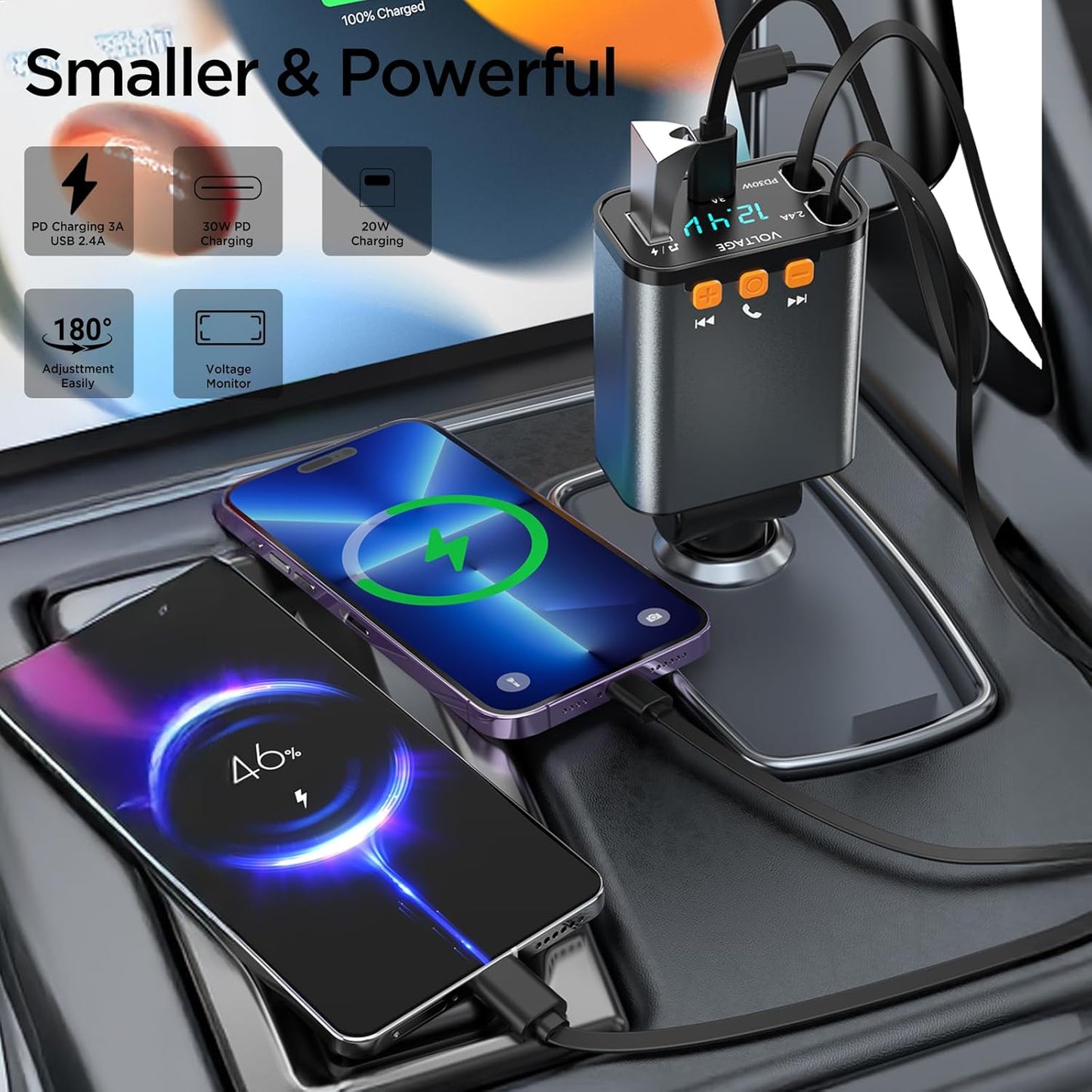 Retractable Car Charger,5 in 1 PD Car Phone Charger with Bluetooth 5.3 FM Transmitter,Handsfree Call and MP3 Player,2 Retractable Cables and USB Charging Adapter for Cars Phone,Galaxy,Pixel(Black)